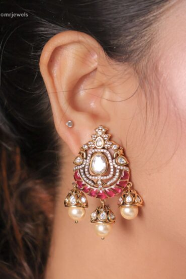 Nurani Meenakari Kundan Trio-Jhumka Pearl Drops