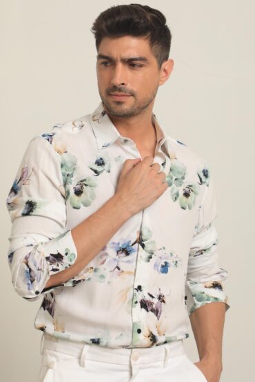 Aentic Men's Flowey White Viscose Floral Print Regular Fit Full Sleeve Collared Shirt