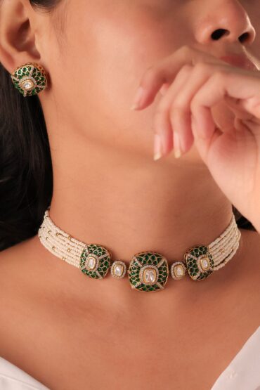 Gold-Plated Kundan Polki Choker Set Pearl & Enamel Detailing