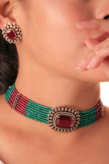 Emerald Ruby Beaded Choker Set