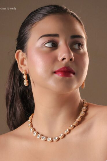 Moissanite Single-Layer Polki Necklace Set (Screw-Back Earrings)