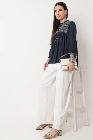 Embroidered Front Gathered Yoke Top