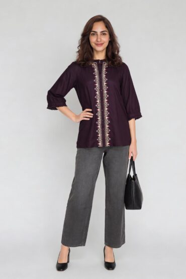 Embroidered Band Neck Top