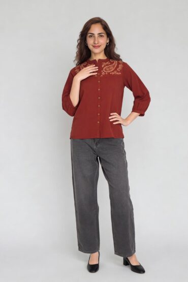 Embroidered Yoke Button-Down Top