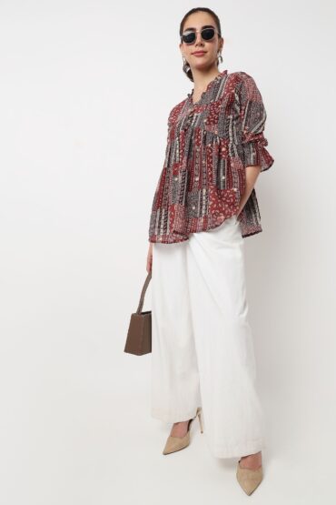 Button Down W Cut Ruffle Neckline Top