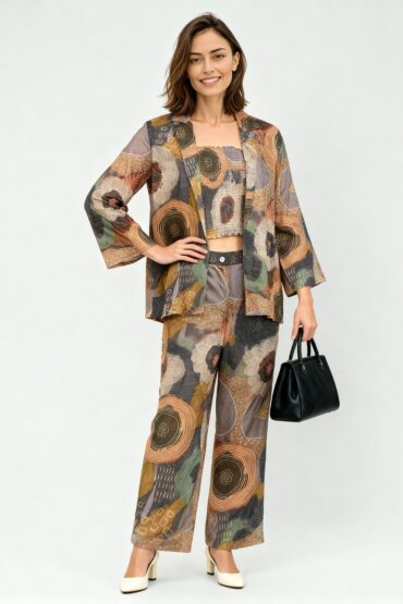 Printed Shirt Collar Shrug With Smocked Crop Top