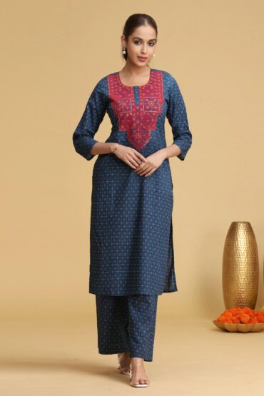 Blue Embroidered Cotton Straight Co-ord Set