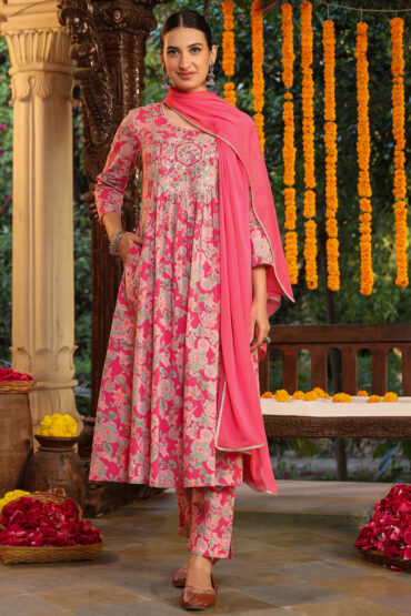 Aentic Women's Pink Pure Cotton Yoke Embroidered Floral Printed A-line Kurta Set