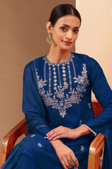 Aentic Women's Teal Blue Silk Blend Zari Embroidered Straight Kurta With Sharara & Dupatta Set