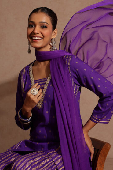Aentic Women's Purple Rayon Gold Printed Short Kurti With Sharara & Dupatta Set