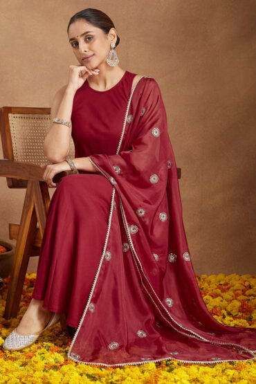 Aentic Women's Maroon Rayon Embellished A-line Flared Kurta Set