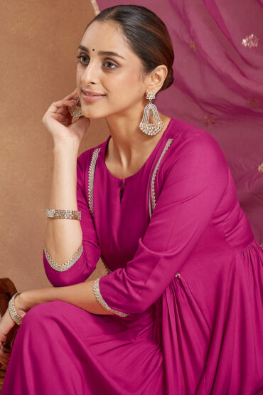 Aentic Women's Pink Rayon Yoke Design A-line Kurta With Palazzo & Dupatta Set