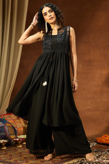 Aentic Women Black Georgette Sequinned Front-slit Jacket With Crop Top & Palazzo Set
