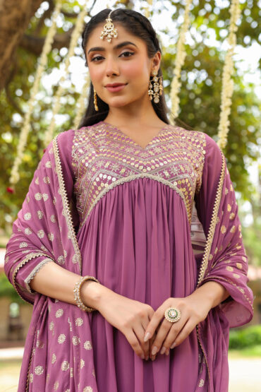 Aentic Women's Lavender Georgette Embellished A-line Kurta With Palazzo & Dupatta Set