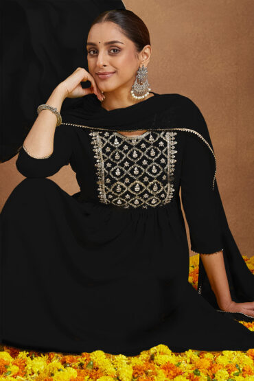 Aentic Women's Black Georgette Zari Yoke Embroidered A-line Kurta With Palazzo & Dupatta Set