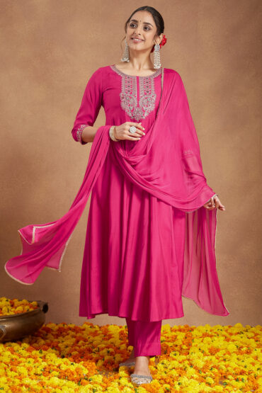 Aentic Women's Pink Chanderi Silk Yoke Embroidered Anarkali Kurta Set