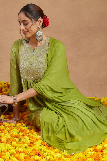 Aentic Women's Lime Green Silk Blend Zari Yoke Embroidered Gold Printed A-line Kurta Set