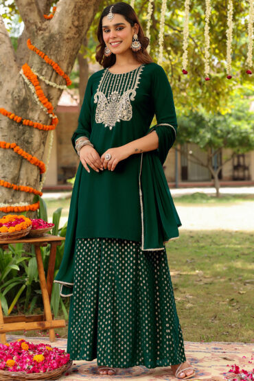Aentic Women's Dark Green Georgette Embroidered Straight Kurta With Sharara & Dupatta Set