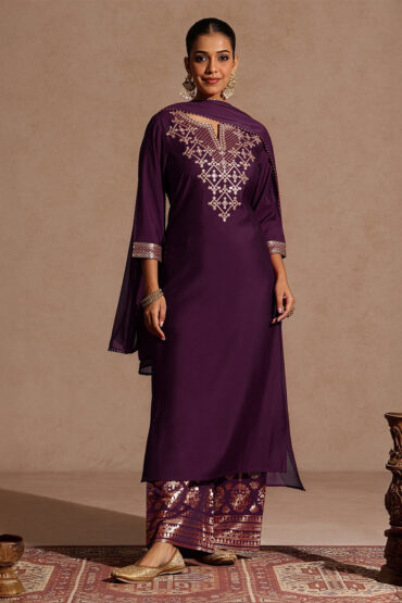 Aentic Women's Wine Chanderi Silk Embellished Straight Kurta With Palazzo & Dupatta Set