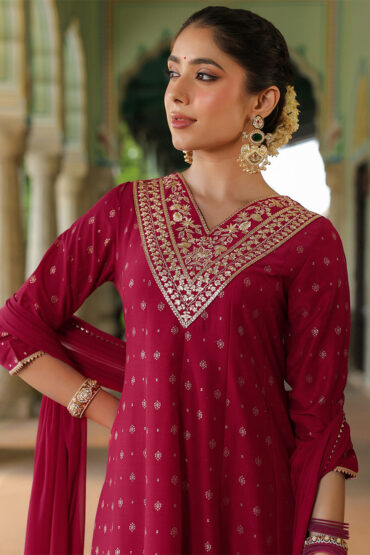 Aentic Women's Pink Silk Blend Zari Yoke Embroidered Gold Printed Anarkali Kurta Set