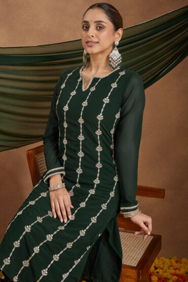 Aentic Women's Green Georgette Zari Embroidered Straight Kurta With Palazzo & Dupatta Set