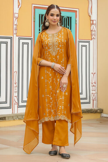 Aentic Women's Mustard Silk Blend Zari Embroidered Straight Kurta Set