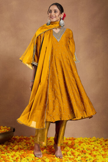 Aentic Women's Mustard Silk Blend Zari Embroidered Anarkali Kurta With Palazzo & Dupatta Set