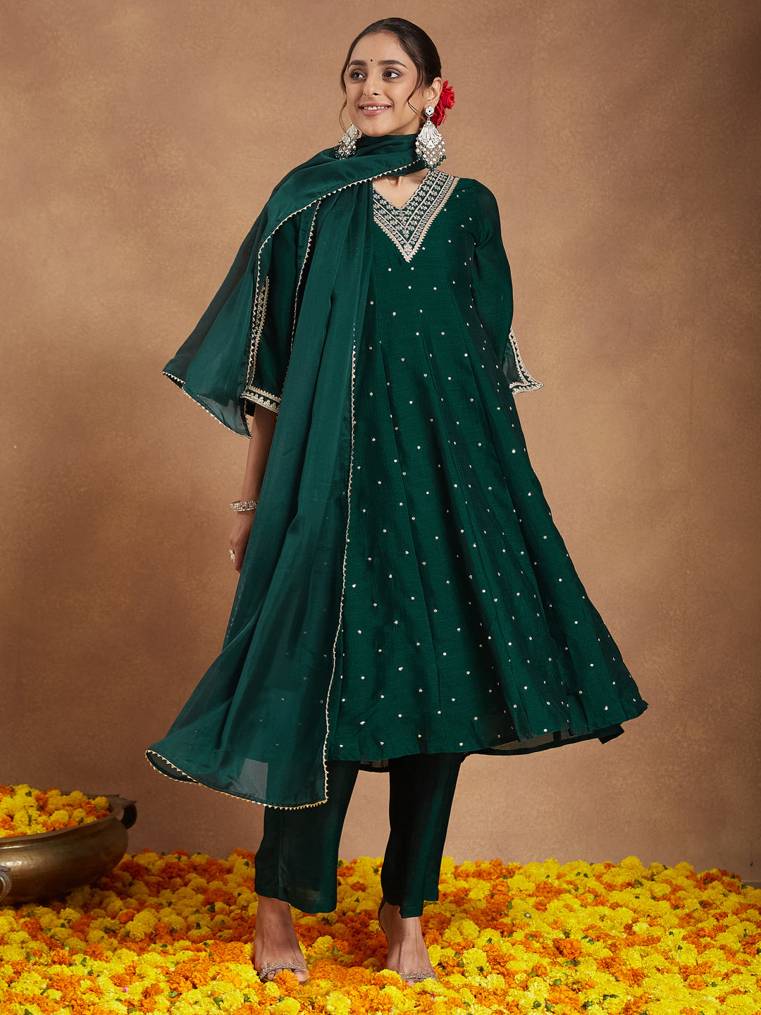 Aentic Women's Green Silk Blend Zari Embroidered Anarkali Kurta With Palazzo & Dupatta Set