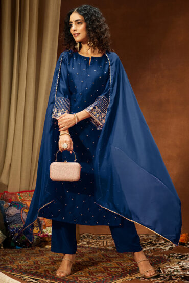 Aentic Women's Teal Blue Silk Blend Embellished Straight Kurta Set