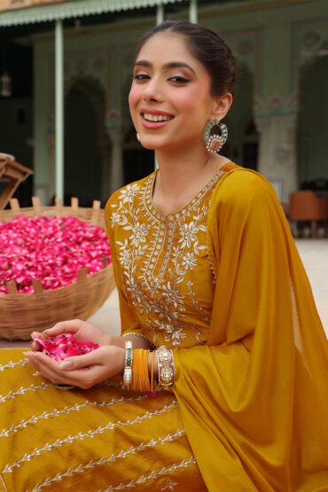 Aentic Women's Mustard Silk Blend Embroidered Straight Kurta Set