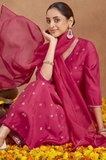 Aentic Women's Pink Chanderi Silk Embellished Zari Embroidered A-line Kurta Set