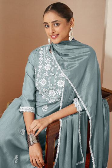 Aentic Women's Powder Blue Silk Blend Embroidered Straight Kurta Set