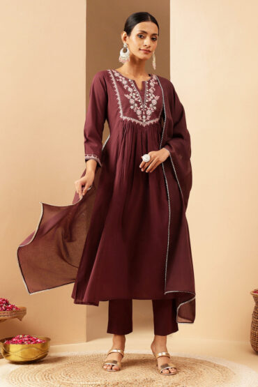 Aentic Women's Bungundy Pure Cotton Yoke Embroidered A-line Kurta Set