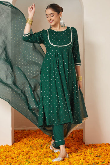 Aentic Women's Dark Green Rayon Gold Printed Anarkali Kurta Set