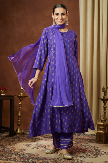 Aentic Women's Purple Rayon Ethnic Motifs Gold Printed A-line Kurta Set