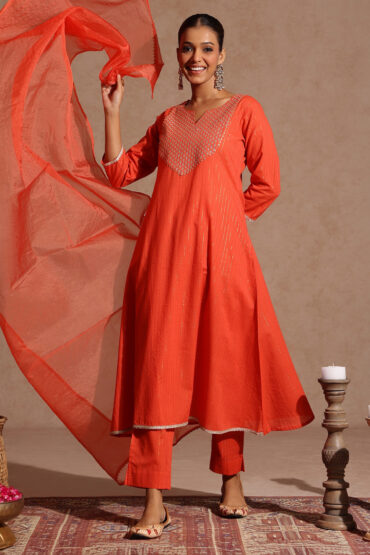Aentic Women's Orange Pure Cotton Yoke Zari Embroidered A-line Kurta Set