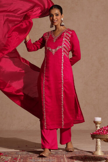 Aentic Women's Pink Silk Blend Zari Embroidered Straight Kurta Set
