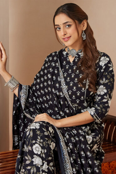 Aentic Women's Black Pure Cotton Floral Printed Anarkali Kurta Set
