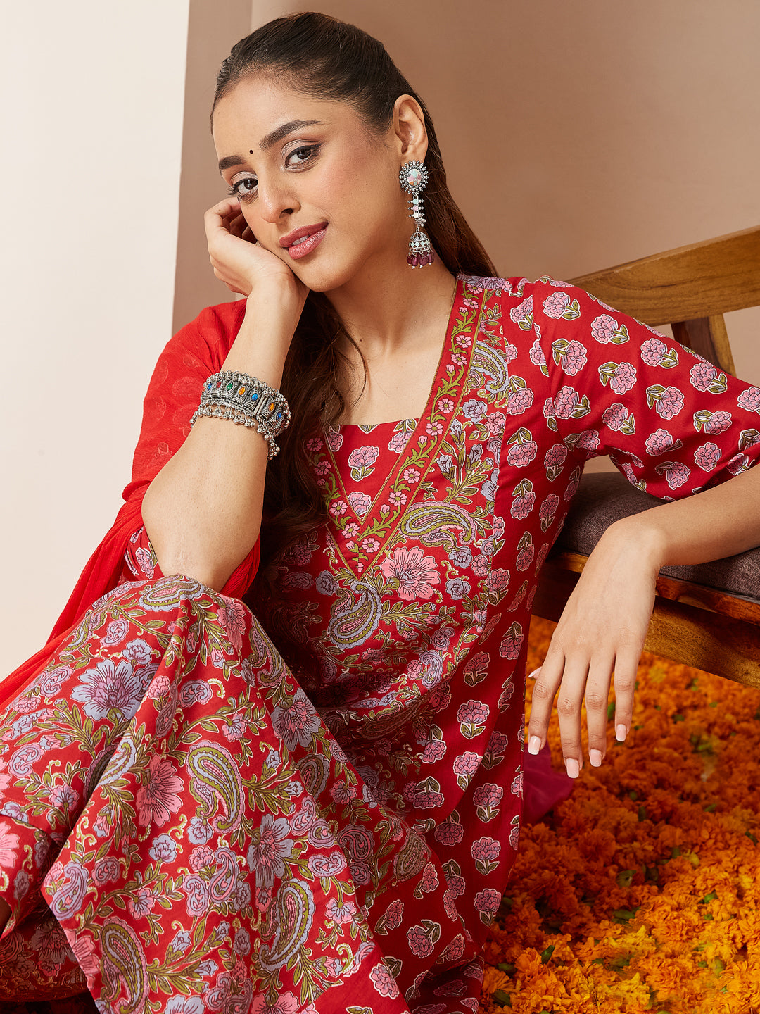 Aentic Women's Red Pure Cotton Floral Printed A-line Kurta Set