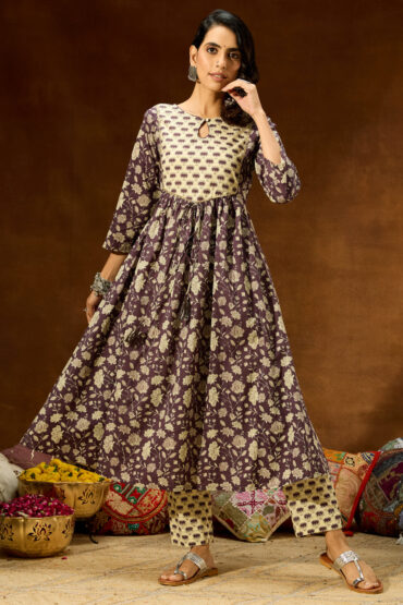 Aentic Women's Purple Pure Cotton Floral Printed A-line Kurta Pant Set