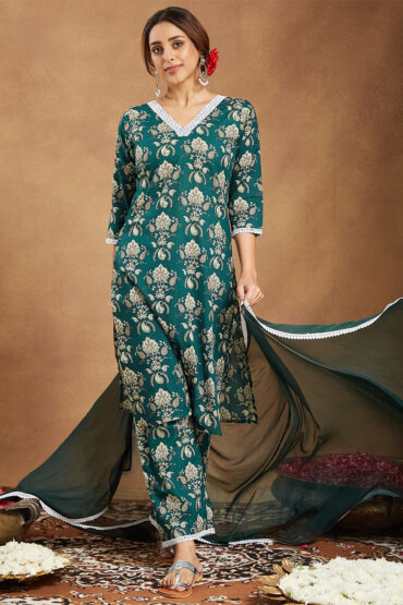 Aentic Women's Green Pure Cotton Paisley Printed Straight Kurta With Palazzo Set