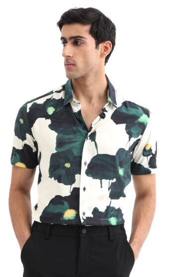 Aentic Men's Jersey Green Viscose Floral Print Regular Fit Half Sleeve Collared Shirt