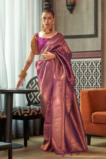 Purple Silk Blend Ethnic Motif Ready To Wear Aentic Saree