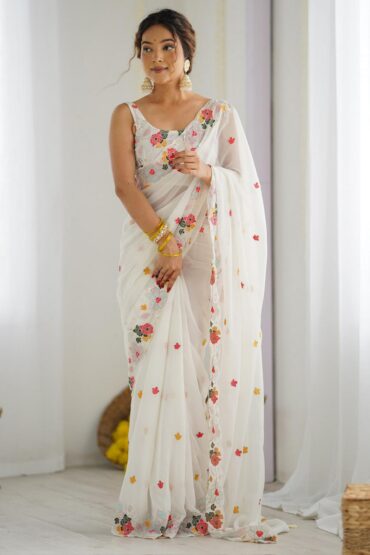 Tania White Georgette Embroidered Ready to Wear Aentic Saree