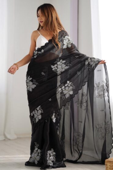Kara Black Organza Embellished Ready to Wear Aentic Saree