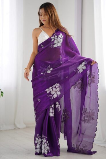 Kara Purple Organza Embellished Ready to Wear Aentic Saree