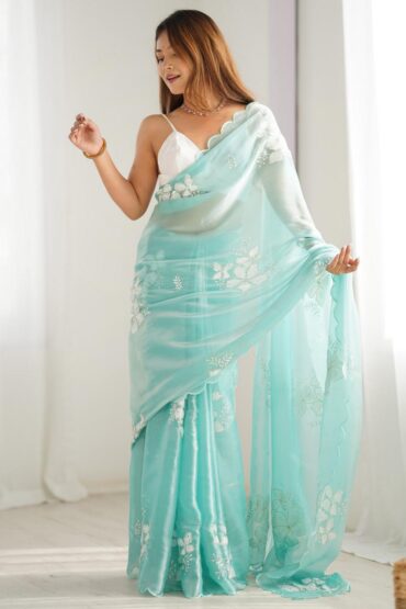 Kara Light Blue Organza Embellished Ready to Wear Aentic Saree