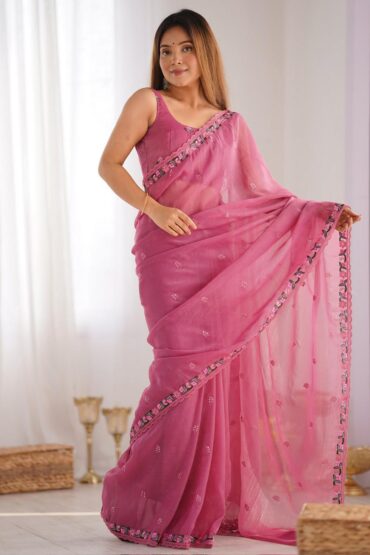 Mira Pink Paper Silk Embroidered Ready to Wear Aentic Saree