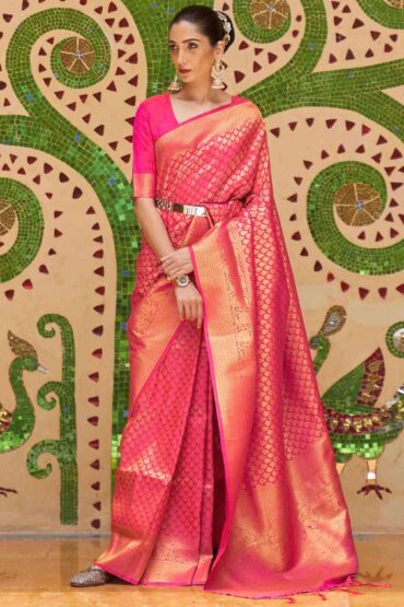 Gauri Pink Silk Blend Floral Banarasi Aentic Saree