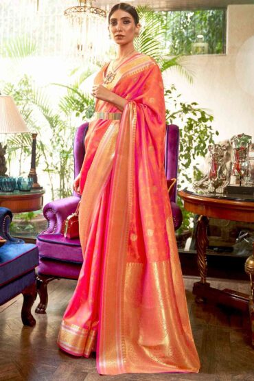 Gaya Peach Silk Blend Banarasi Aentic Saree